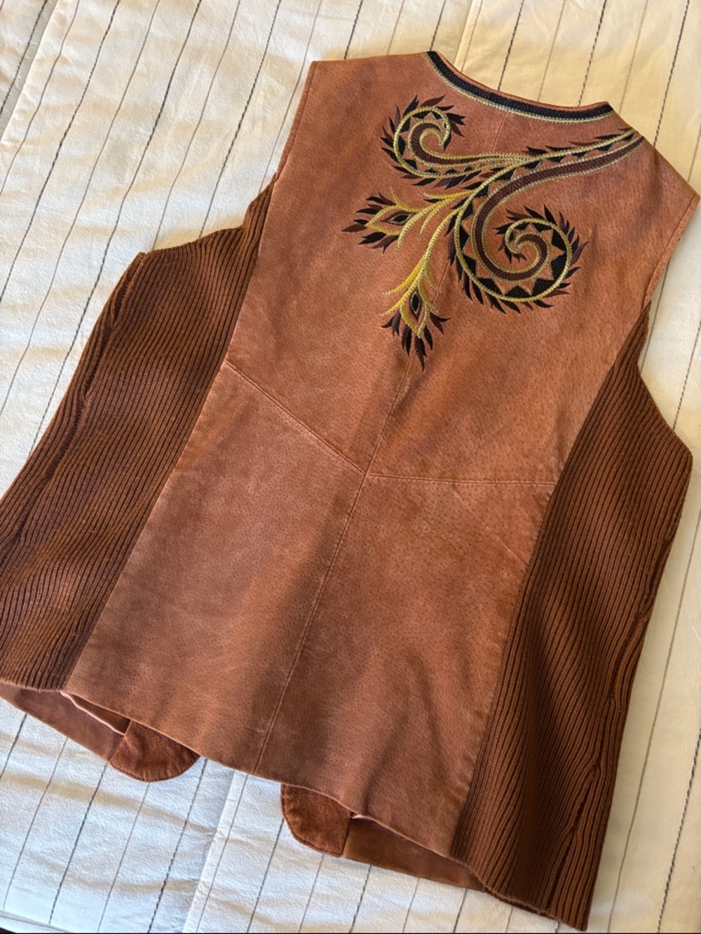 Bob Mackie Brown Suede Embroidered Zip-Front Vest REAL LEATHER - Picture 6 of 8